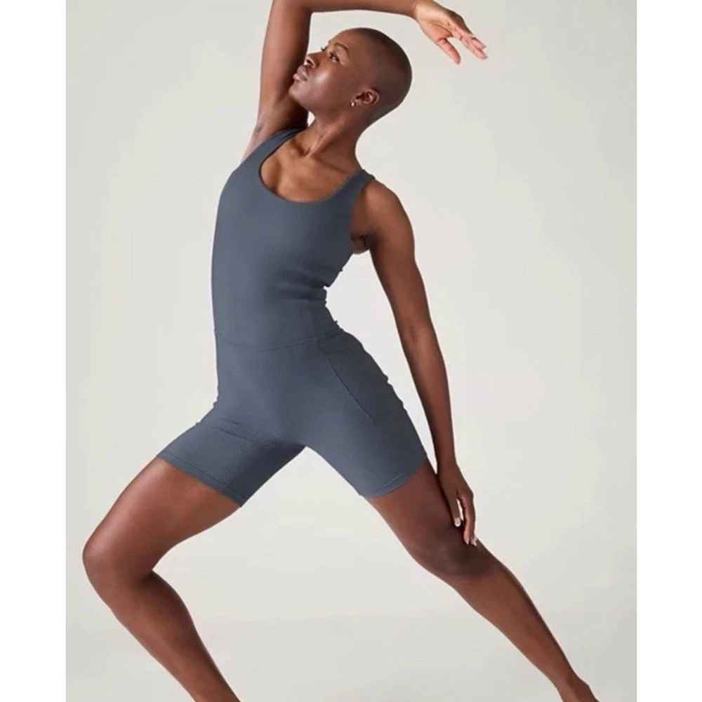Athleta Salutation Rib Bike Suit Granite Blue S Stretch Pockets Athletic Yoga